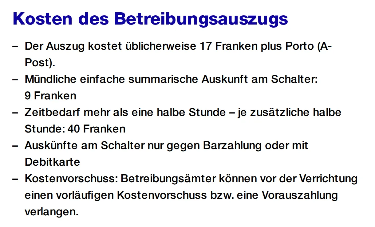 Section of the City of Zurich's page on ordering a debt-collection extract, in German: the extract usually costs 17 francs plus A-Post postage, a short oral answer at the counter costs 9 francs, and counters take only cash or debit cards